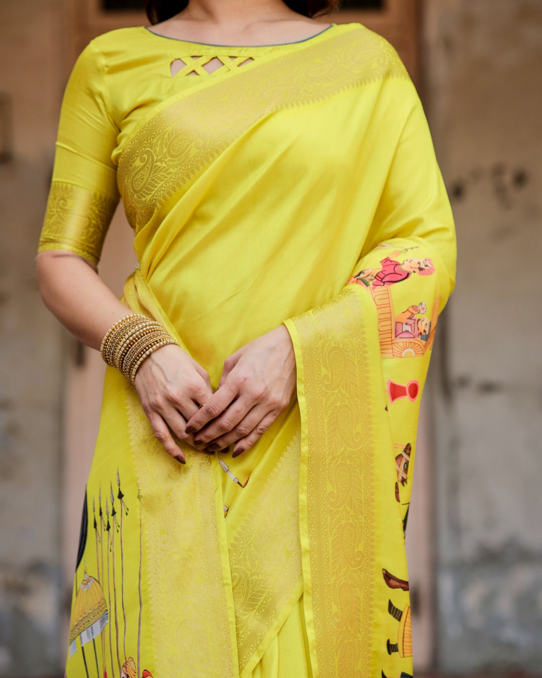Lemon Yellow Tussar Silk Saree with Rajasthani Royal Procession Print, Zari Border & Tassels