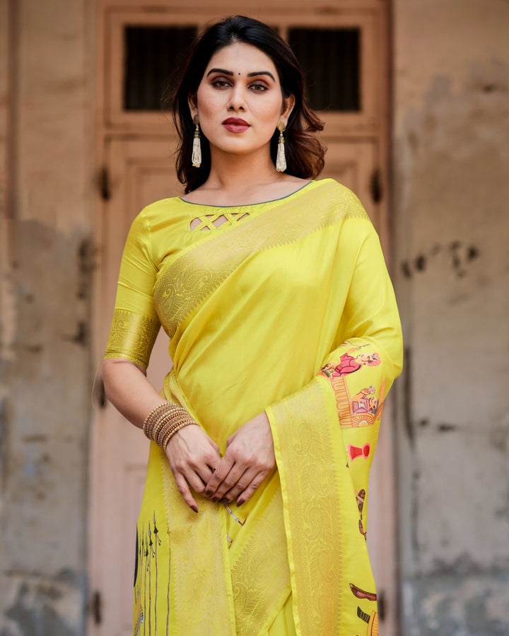 Lemon Yellow Tussar Silk Saree with Rajasthani Royal Procession Print, Zari Border & Tassels