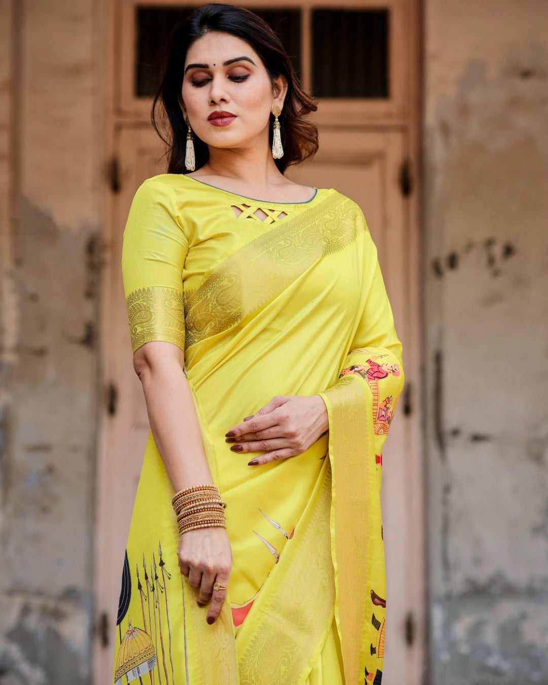 Lemon Yellow Tussar Silk Saree with Rajasthani Royal Procession Print, Zari Border & Tassels