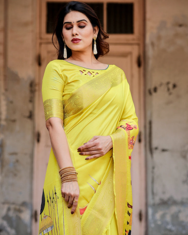 Lemon Yellow Tussar Silk Saree with Rajasthani Royal Procession Print, Zari Border & Tassels