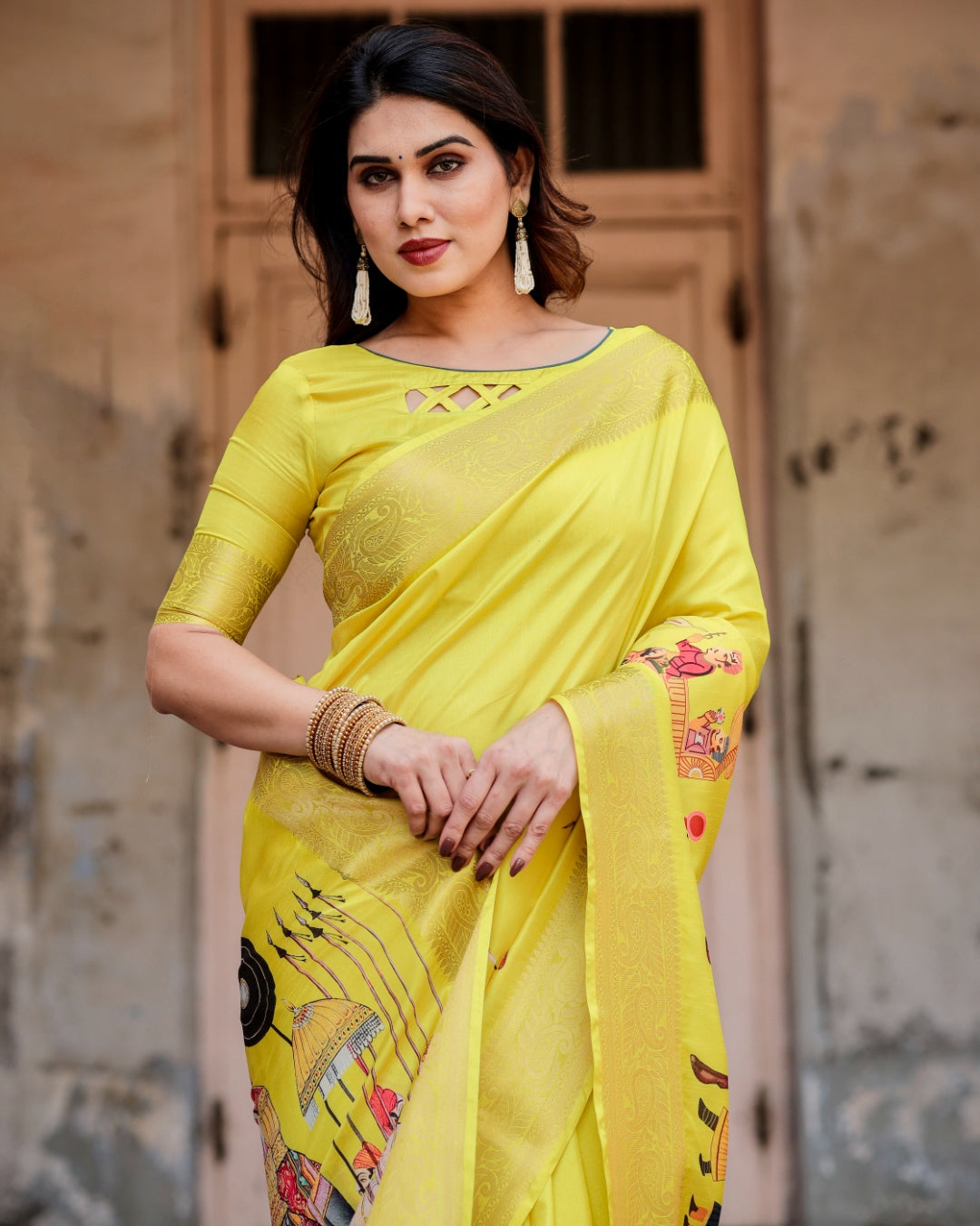 Lemon Yellow Tussar Silk Saree with Rajasthani Royal Procession Print, Zari Border & Tassels