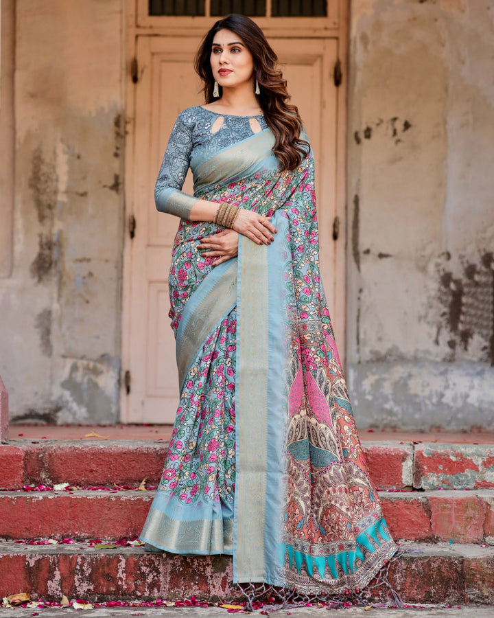 Powder Blue Tussar Silk Saree with Multicolour Floral Print, Ornamental Pallu, Zari Border & Tassels