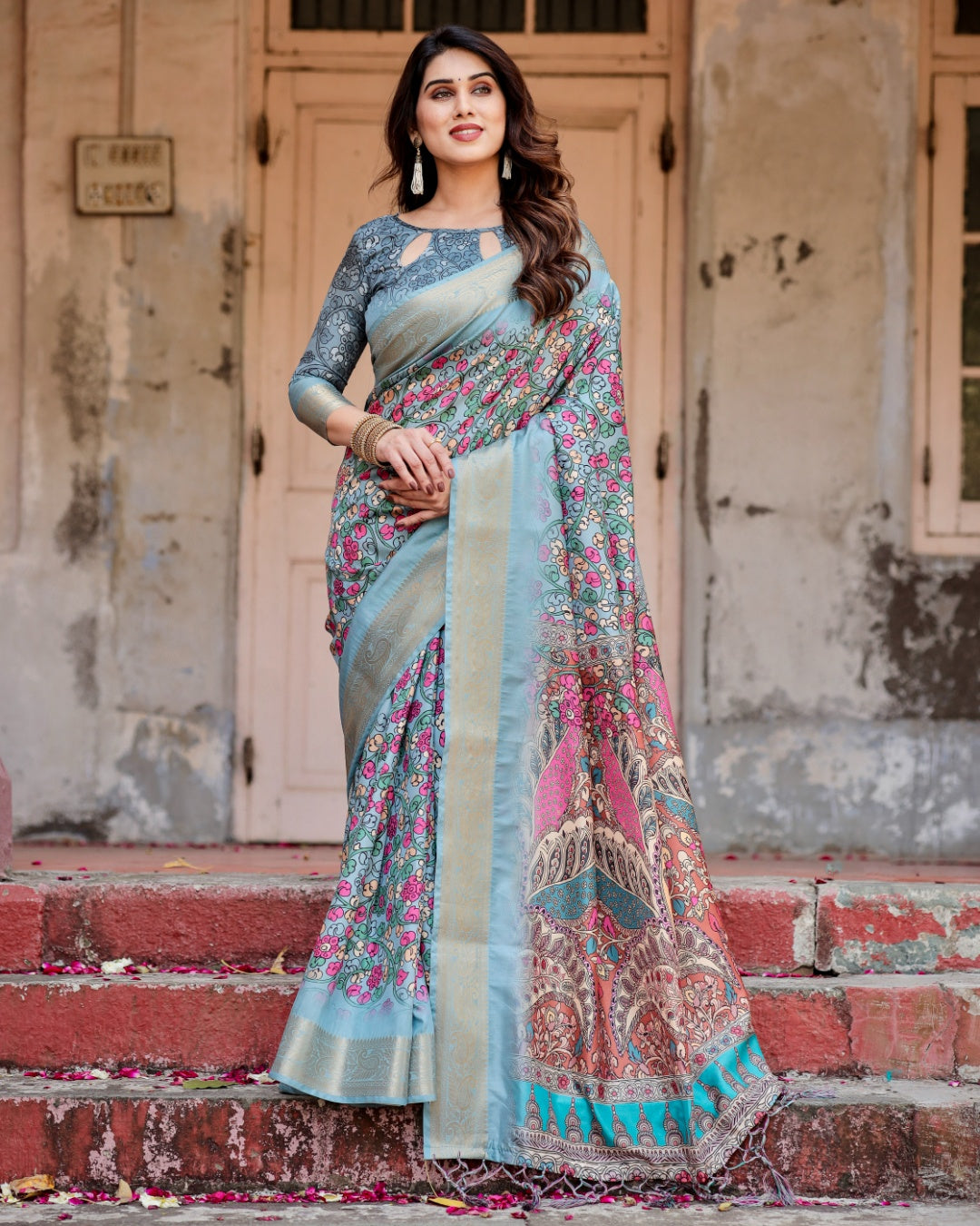 Powder Blue Tussar Silk Saree with Multicolour Floral Print, Ornamental Pallu, Zari Border & Tassels