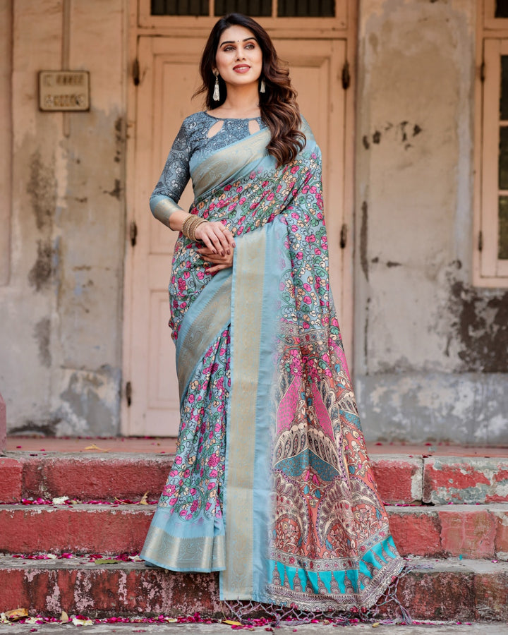 Powder Blue Tussar Silk Saree with Multicolour Floral Print, Ornamental Pallu, Zari Border & Tassels