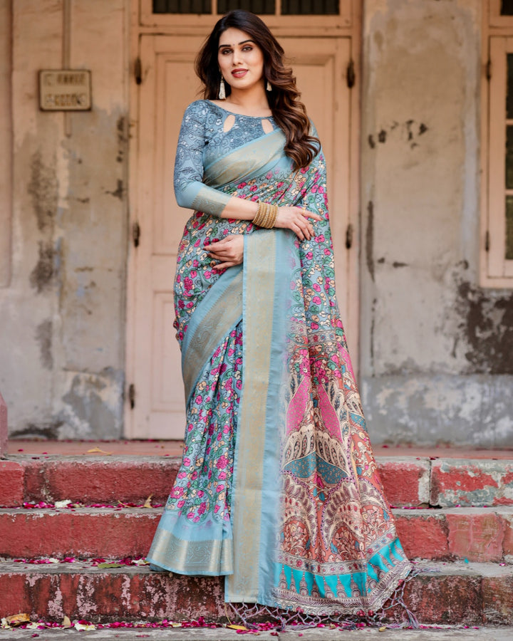 Powder Blue Tussar Silk Saree with Multicolour Floral Print, Ornamental Pallu, Zari Border & Tassels