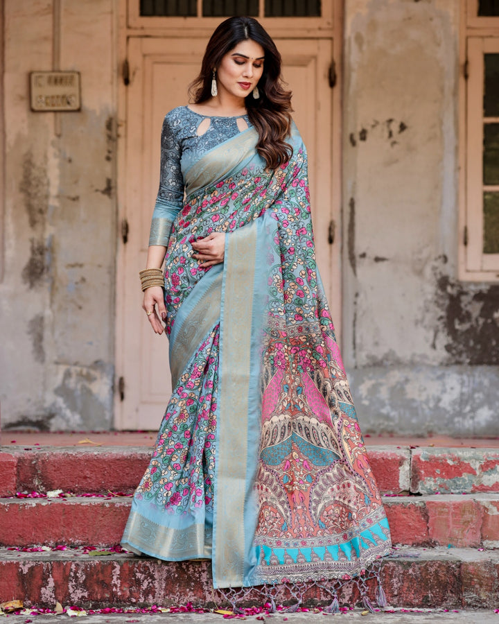 Powder Blue Tussar Silk Saree with Multicolour Floral Print, Ornamental Pallu, Zari Border & Tassels