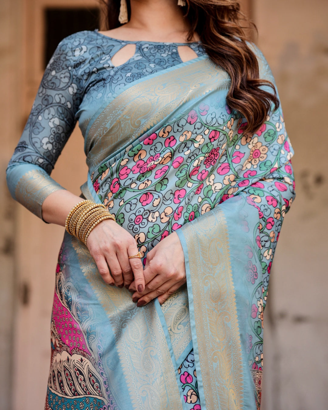 Powder Blue Tussar Silk Saree with Multicolour Floral Print, Ornamental Pallu, Zari Border & Tassels