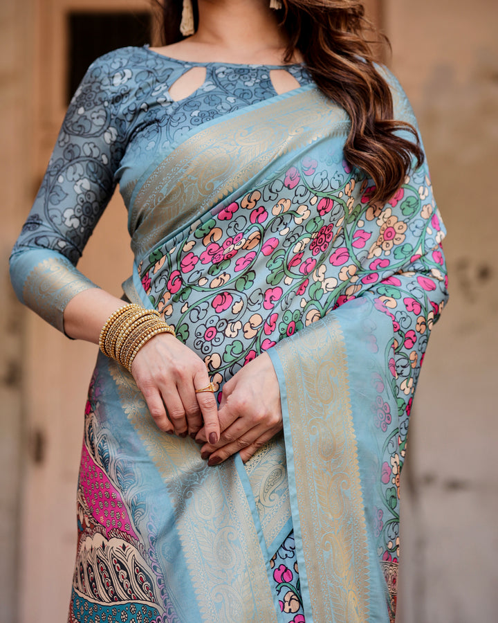 Powder Blue Tussar Silk Saree with Multicolour Floral Print, Ornamental Pallu, Zari Border & Tassels