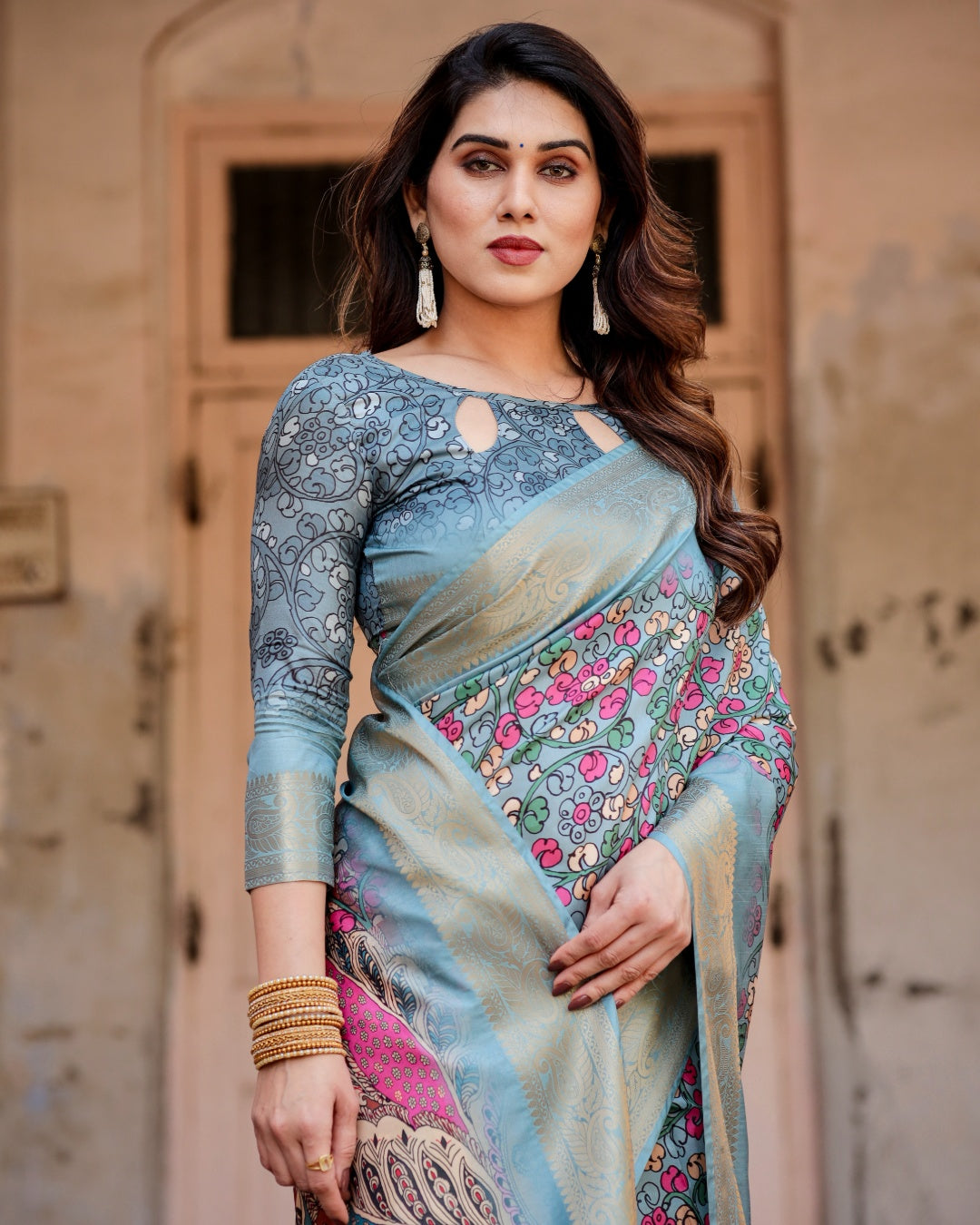 Powder Blue Tussar Silk Saree with Multicolour Floral Print, Ornamental Pallu, Zari Border & Tassels