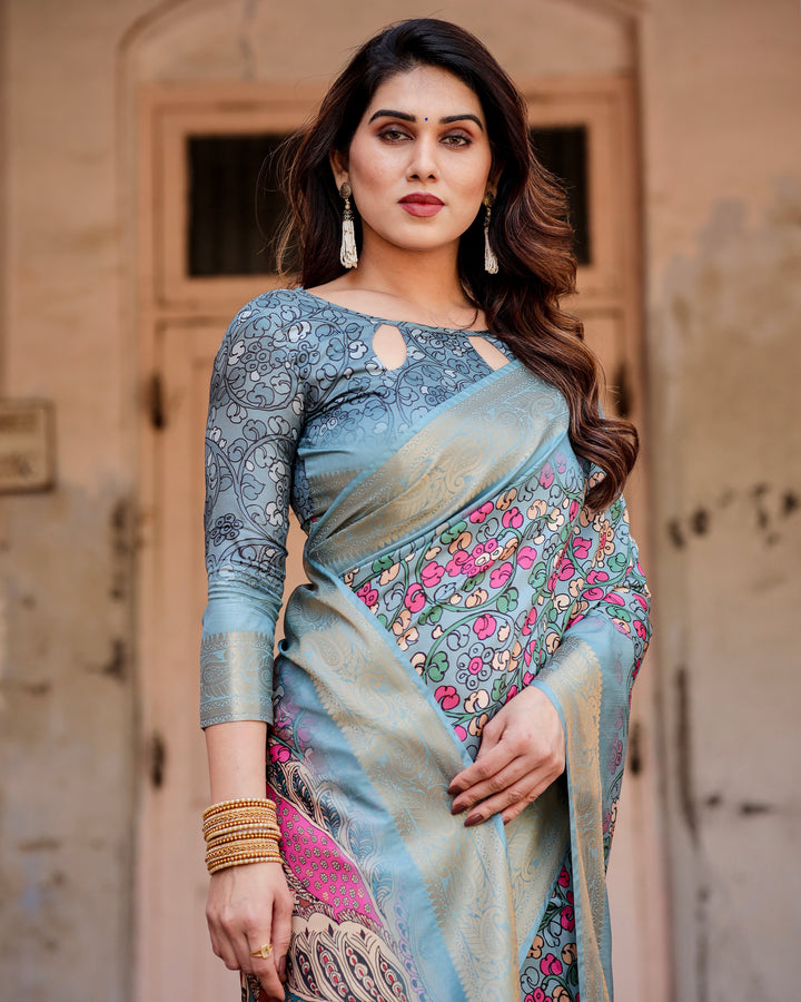 Powder Blue Tussar Silk Saree with Multicolour Floral Print, Ornamental Pallu, Zari Border & Tassels