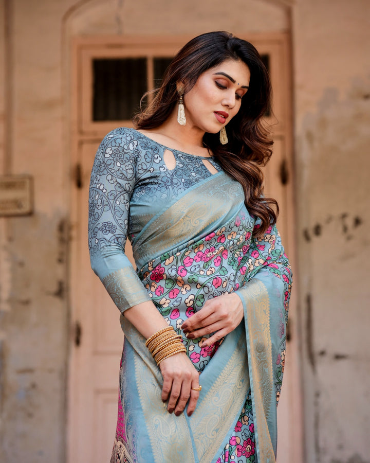 Powder Blue Tussar Silk Saree with Multicolour Floral Print, Ornamental Pallu, Zari Border & Tassels