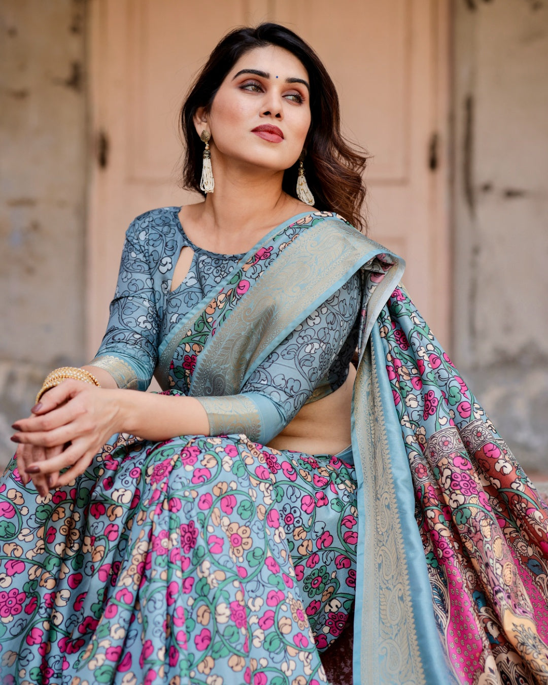 Powder Blue Tussar Silk Saree with Multicolour Floral Print, Ornamental Pallu, Zari Border & Tassels