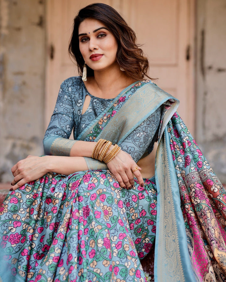 Powder Blue Tussar Silk Saree with Multicolour Floral Print, Ornamental Pallu, Zari Border & Tassels