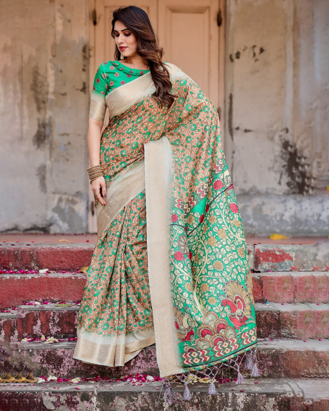 Peach & Emerald Green Tussar Silk Saree with Floral Print, Kalamkari-Inspired Pallu, Zari Border & Tassels