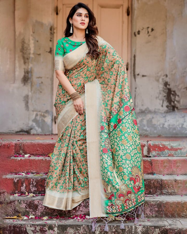 Peach & Emerald Green Tussar Silk Saree with Floral Print, Kalamkari-Inspired Pallu, Zari Border & Tassels