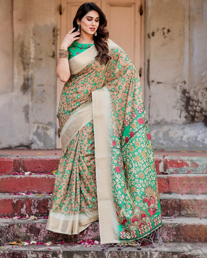 Peach & Emerald Green Tussar Silk Saree with Floral Print, Kalamkari-Inspired Pallu, Zari Border & Tassels
