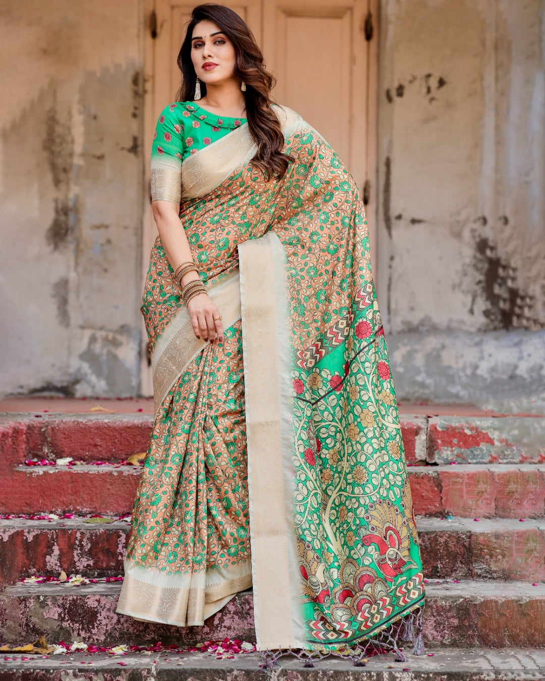 Peach & Emerald Green Tussar Silk Saree with Floral Print, Kalamkari-Inspired Pallu, Zari Border & Tassels
