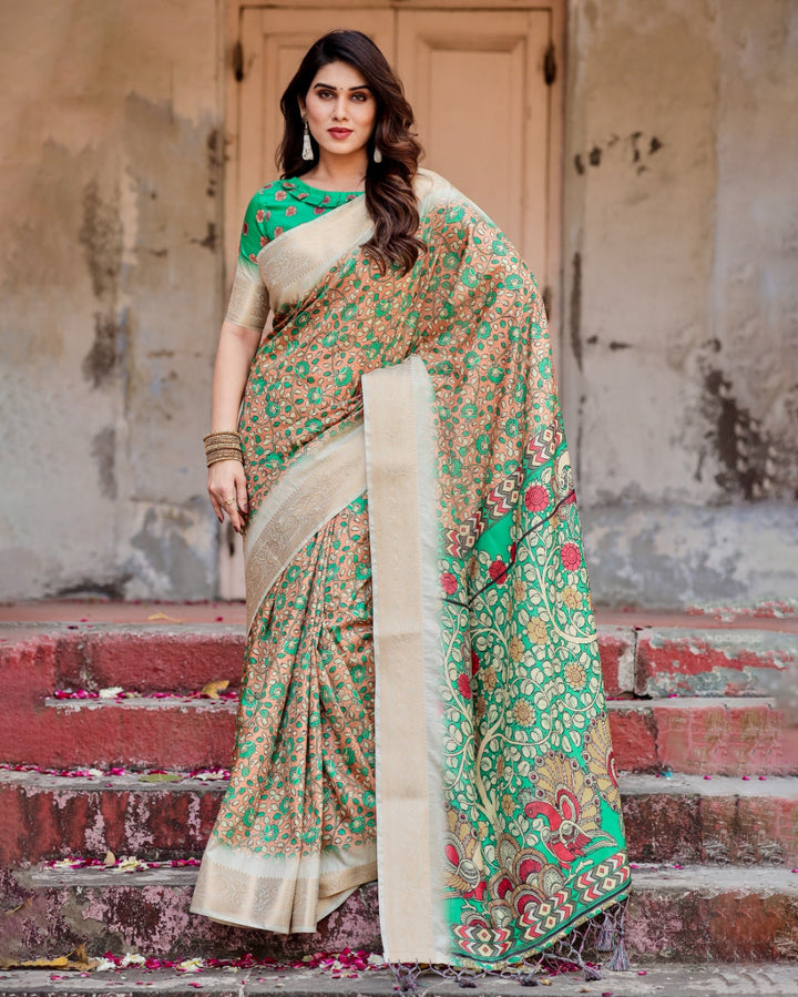 Peach & Emerald Green Tussar Silk Saree with Floral Print, Kalamkari-Inspired Pallu, Zari Border & Tassels