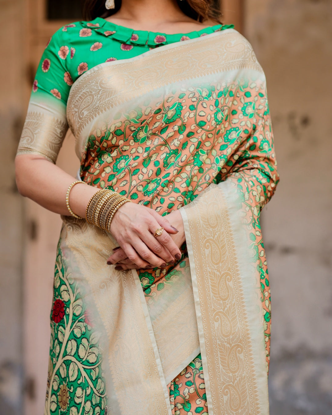 Peach & Emerald Green Tussar Silk Saree with Floral Print, Kalamkari-Inspired Pallu, Zari Border & Tassels