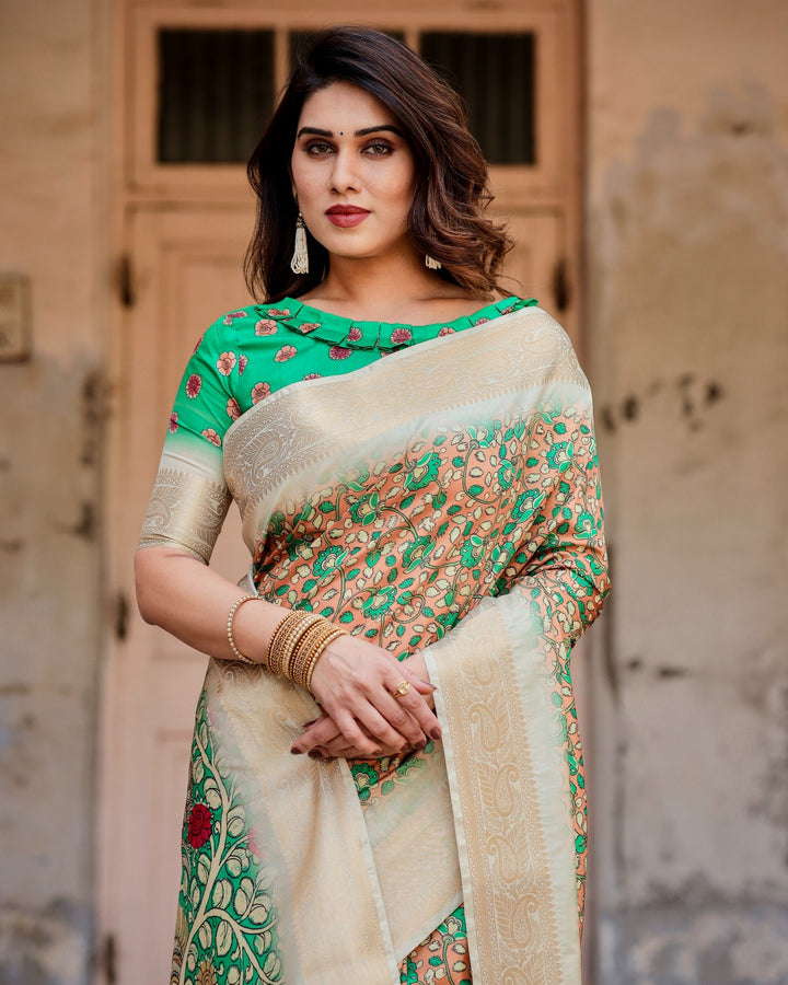 Peach & Emerald Green Tussar Silk Saree with Floral Print, Kalamkari-Inspired Pallu, Zari Border & Tassels