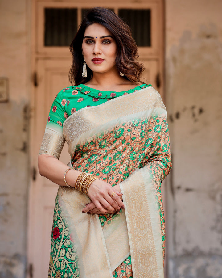 Peach & Emerald Green Tussar Silk Saree with Floral Print, Kalamkari-Inspired Pallu, Zari Border & Tassels