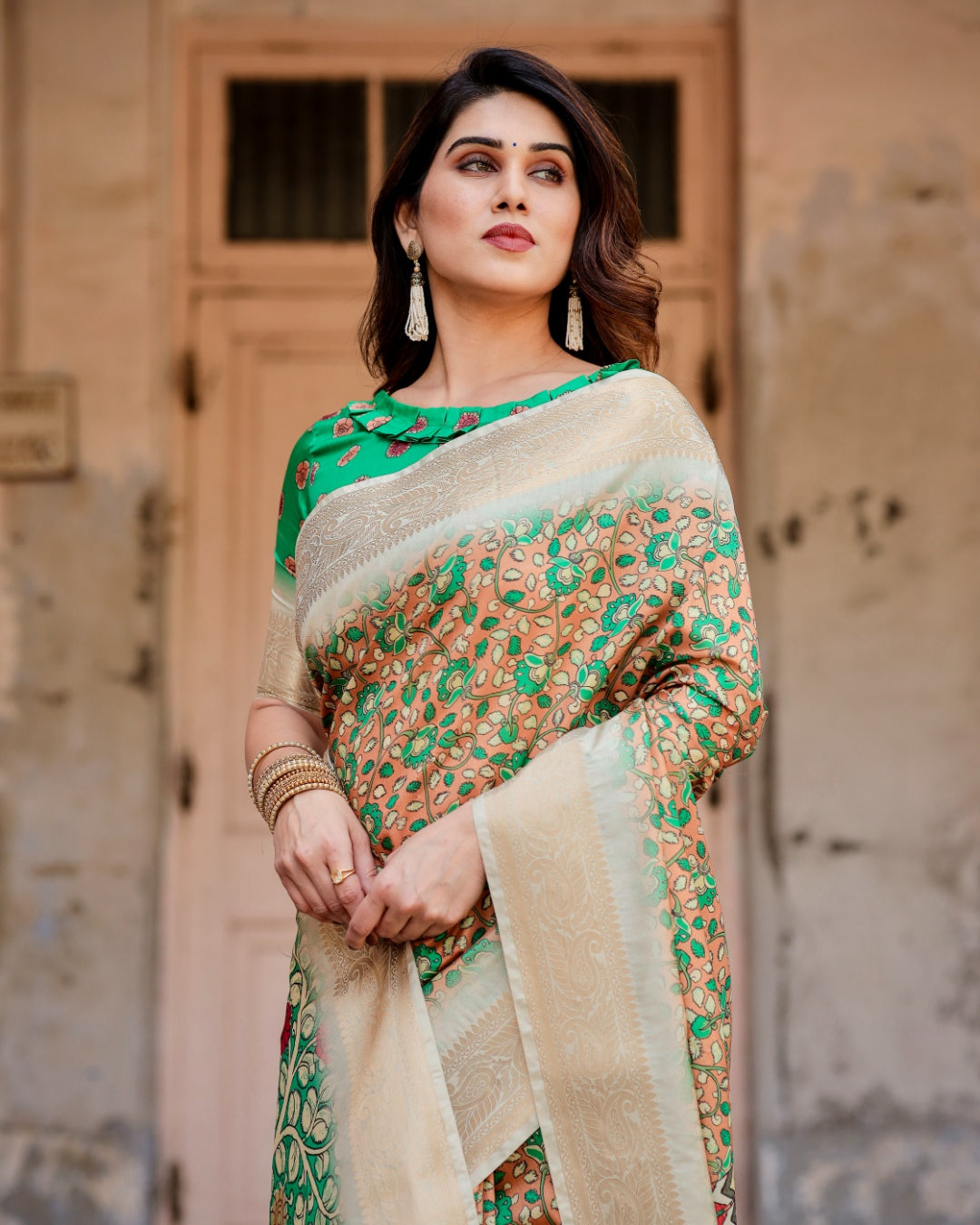 Peach & Emerald Green Tussar Silk Saree with Floral Print, Kalamkari-Inspired Pallu, Zari Border & Tassels