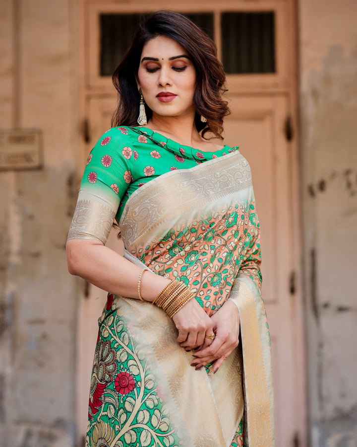 Peach & Emerald Green Tussar Silk Saree with Floral Print, Kalamkari-Inspired Pallu, Zari Border & Tassels