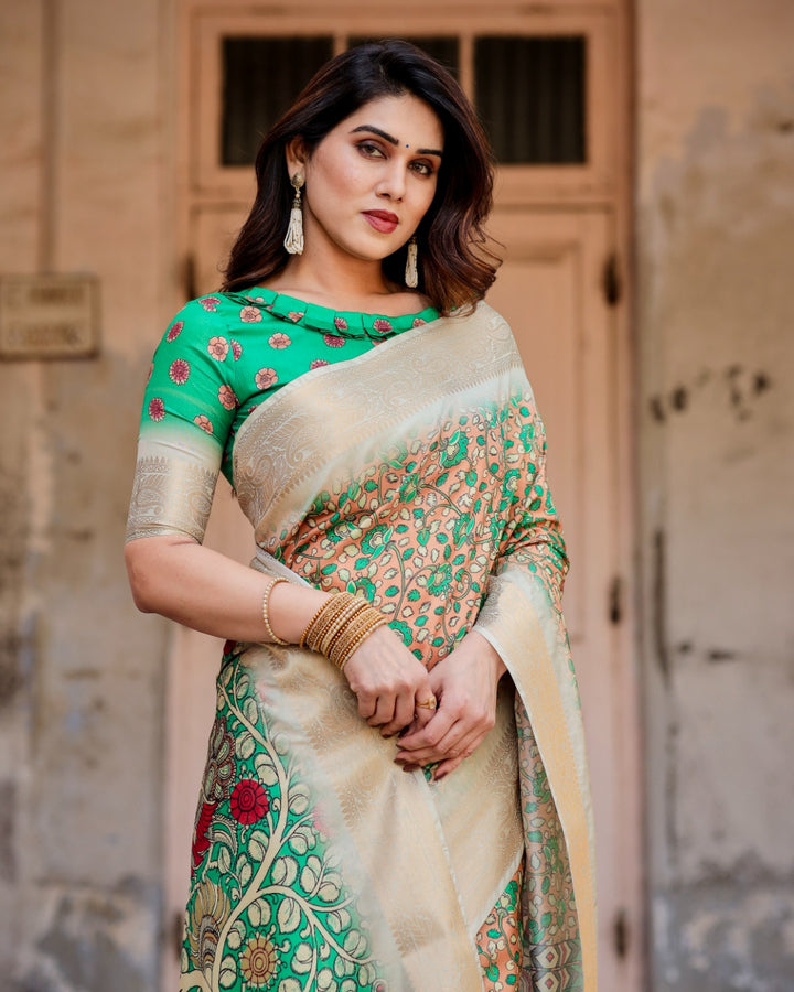 Peach & Emerald Green Tussar Silk Saree with Floral Print, Kalamkari-Inspired Pallu, Zari Border & Tassels