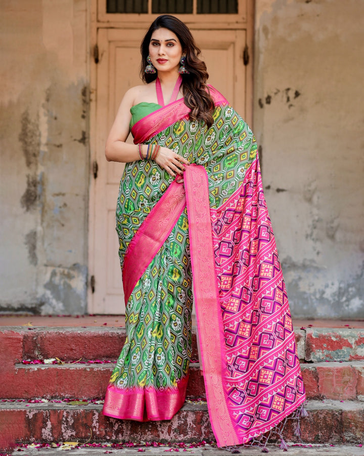 Green & Rani Pink Tussar Silk Saree with Patola-Inspired Print, Zari Border, Statement Pallu & Tassels