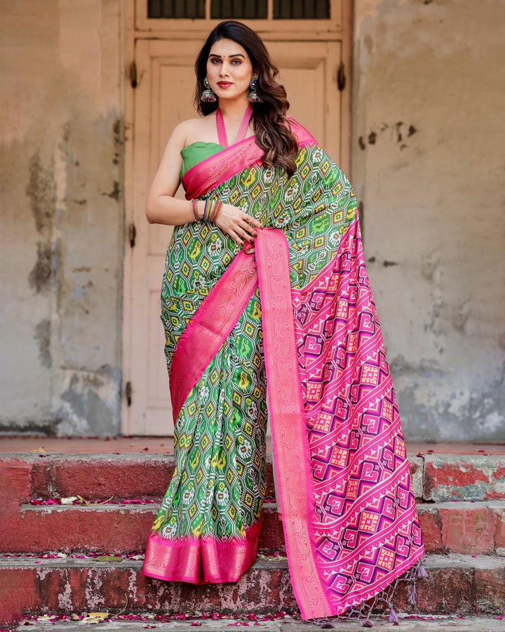 Green & Rani Pink Tussar Silk Saree with Patola-Inspired Print, Zari Border, Statement Pallu & Tassels