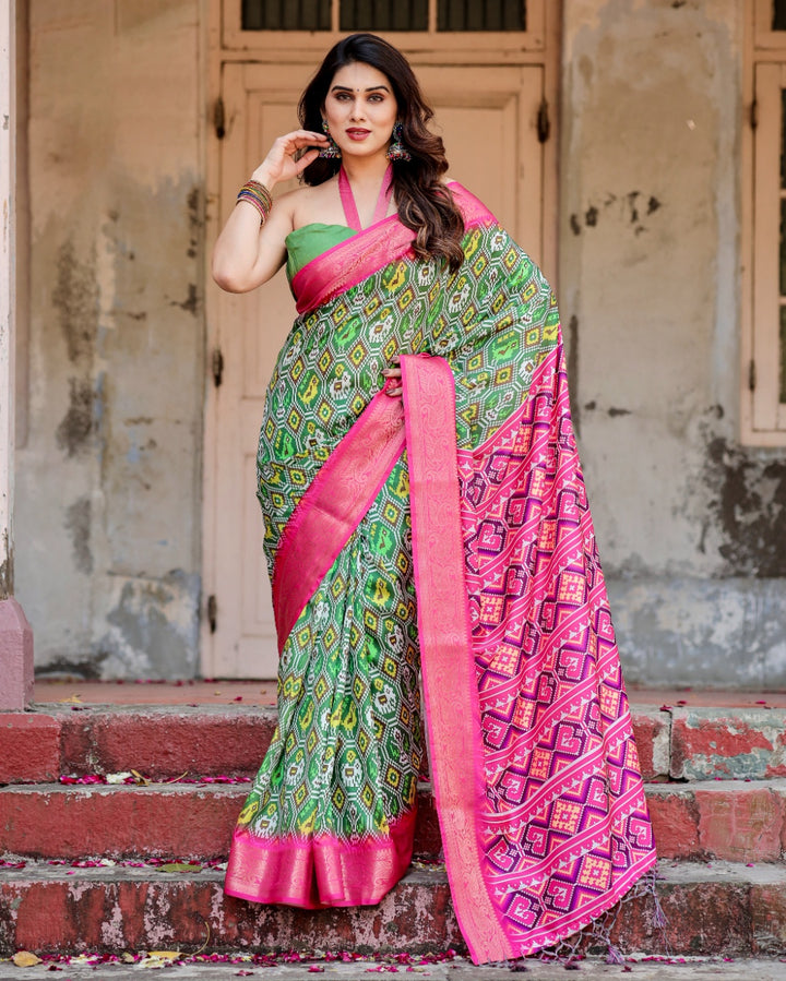 Green & Rani Pink Tussar Silk Saree with Patola-Inspired Print, Zari Border, Statement Pallu & Tassels