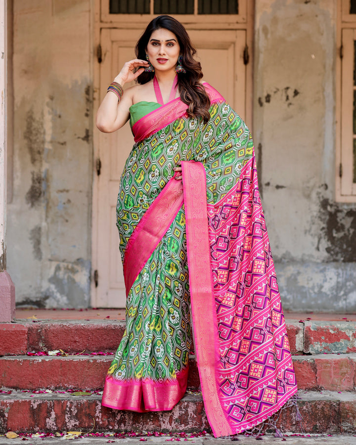 Green & Rani Pink Tussar Silk Saree with Patola-Inspired Print, Zari Border, Statement Pallu & Tassels
