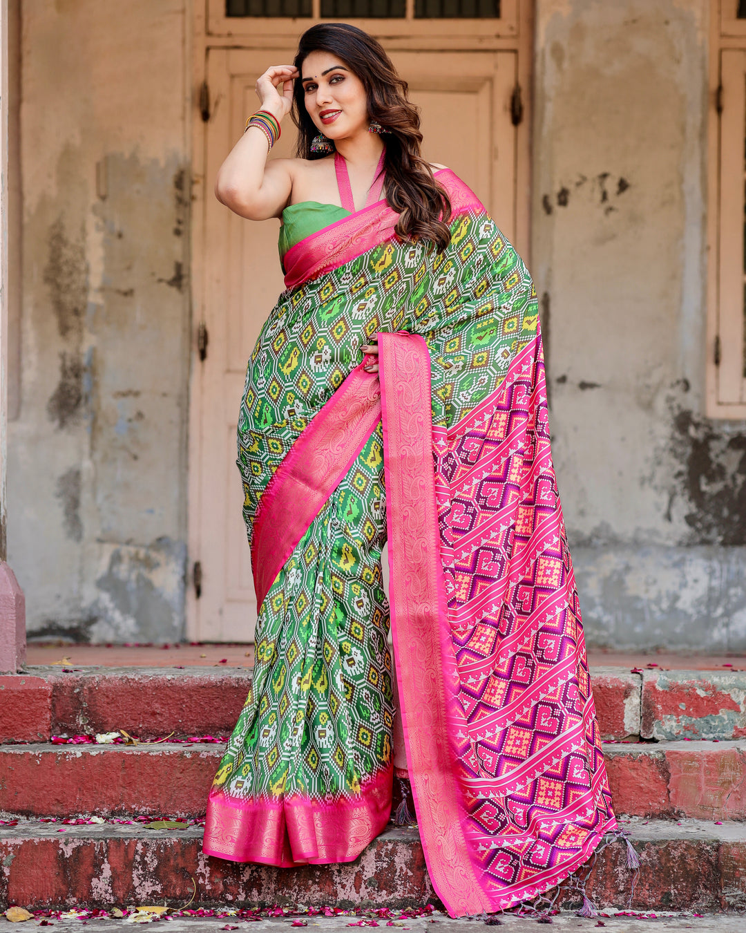 Green & Rani Pink Tussar Silk Saree with Patola-Inspired Print, Zari Border, Statement Pallu & Tassels