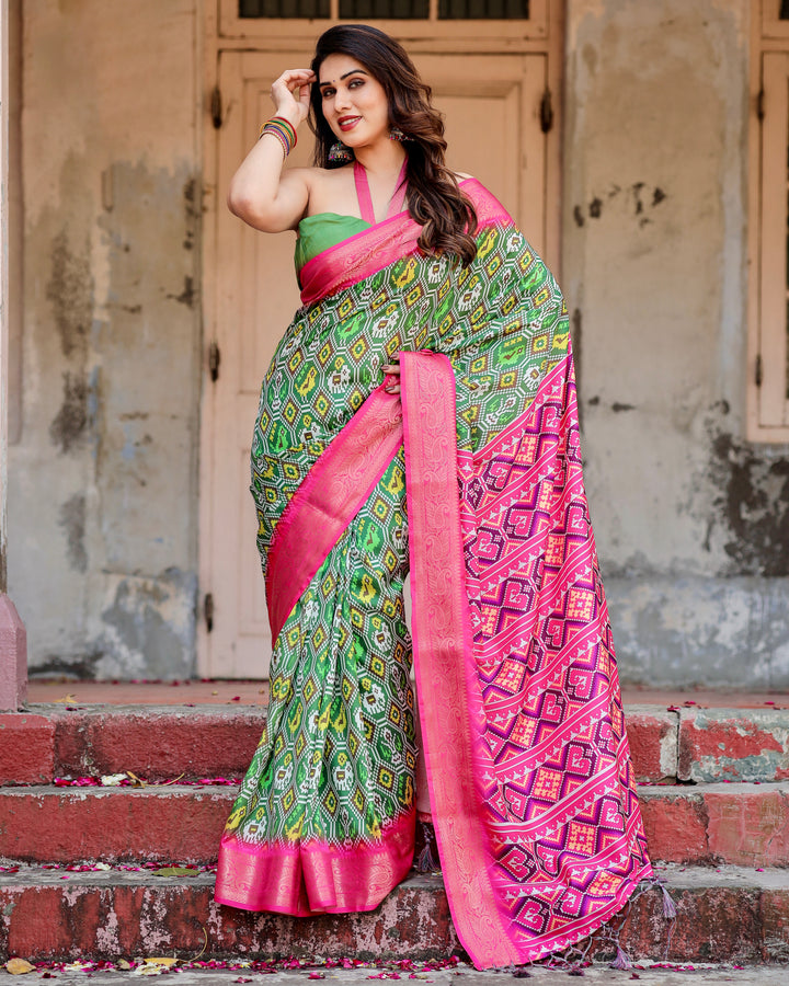 Green & Rani Pink Tussar Silk Saree with Patola-Inspired Print, Zari Border, Statement Pallu & Tassels