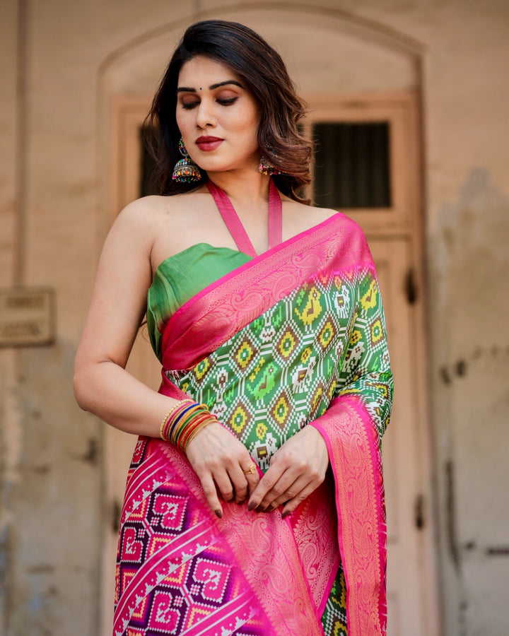 Green & Rani Pink Tussar Silk Saree with Patola-Inspired Print, Zari Border, Statement Pallu & Tassels