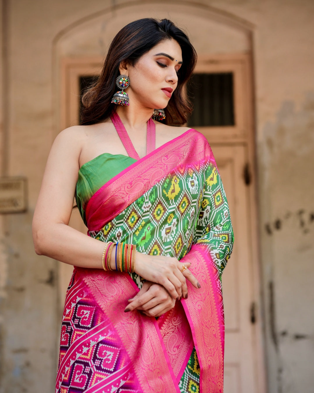 Green & Rani Pink Tussar Silk Saree with Patola-Inspired Print, Zari Border, Statement Pallu & Tassels