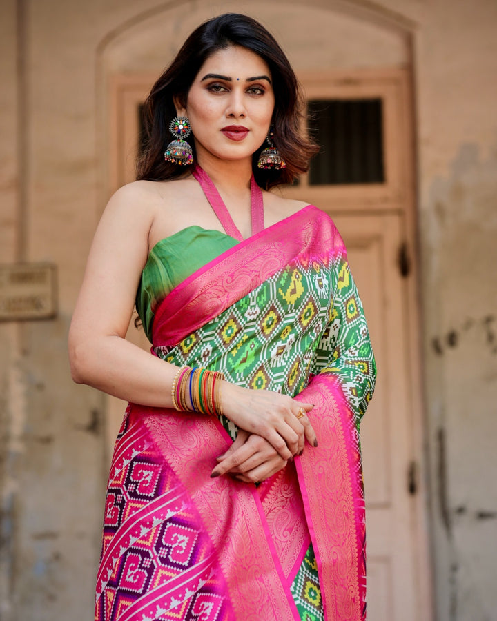 Green & Rani Pink Tussar Silk Saree with Patola-Inspired Print, Zari Border, Statement Pallu & Tassels