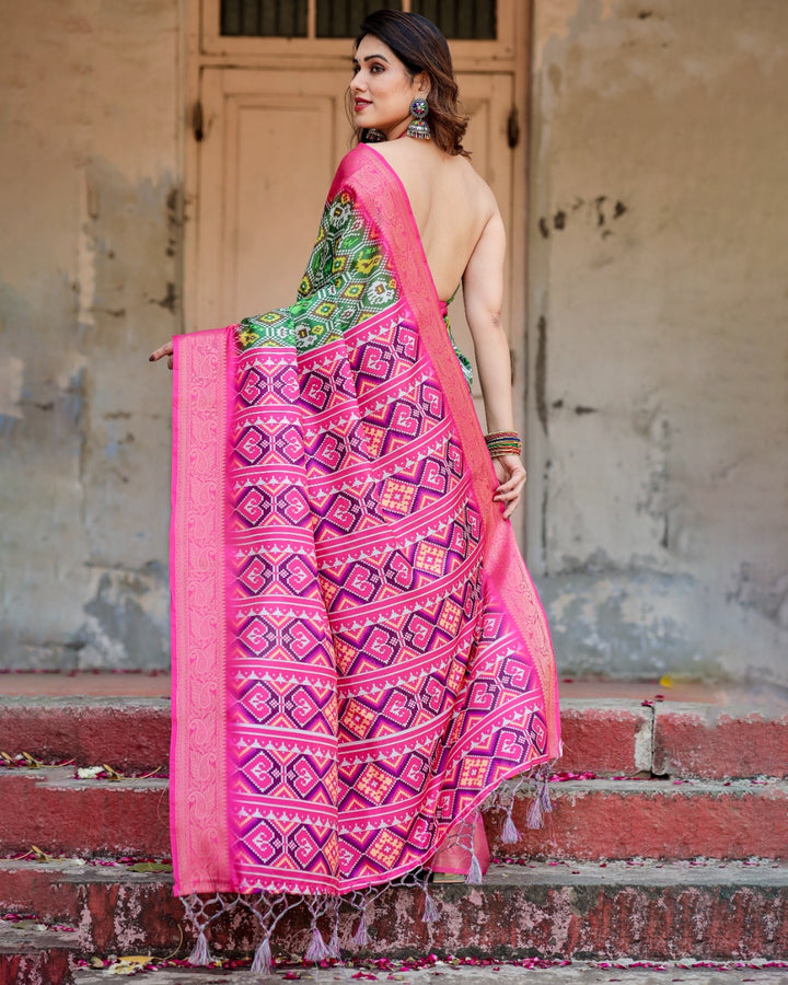 Green & Rani Pink Tussar Silk Saree with Patola-Inspired Print, Zari Border, Statement Pallu & Tassels
