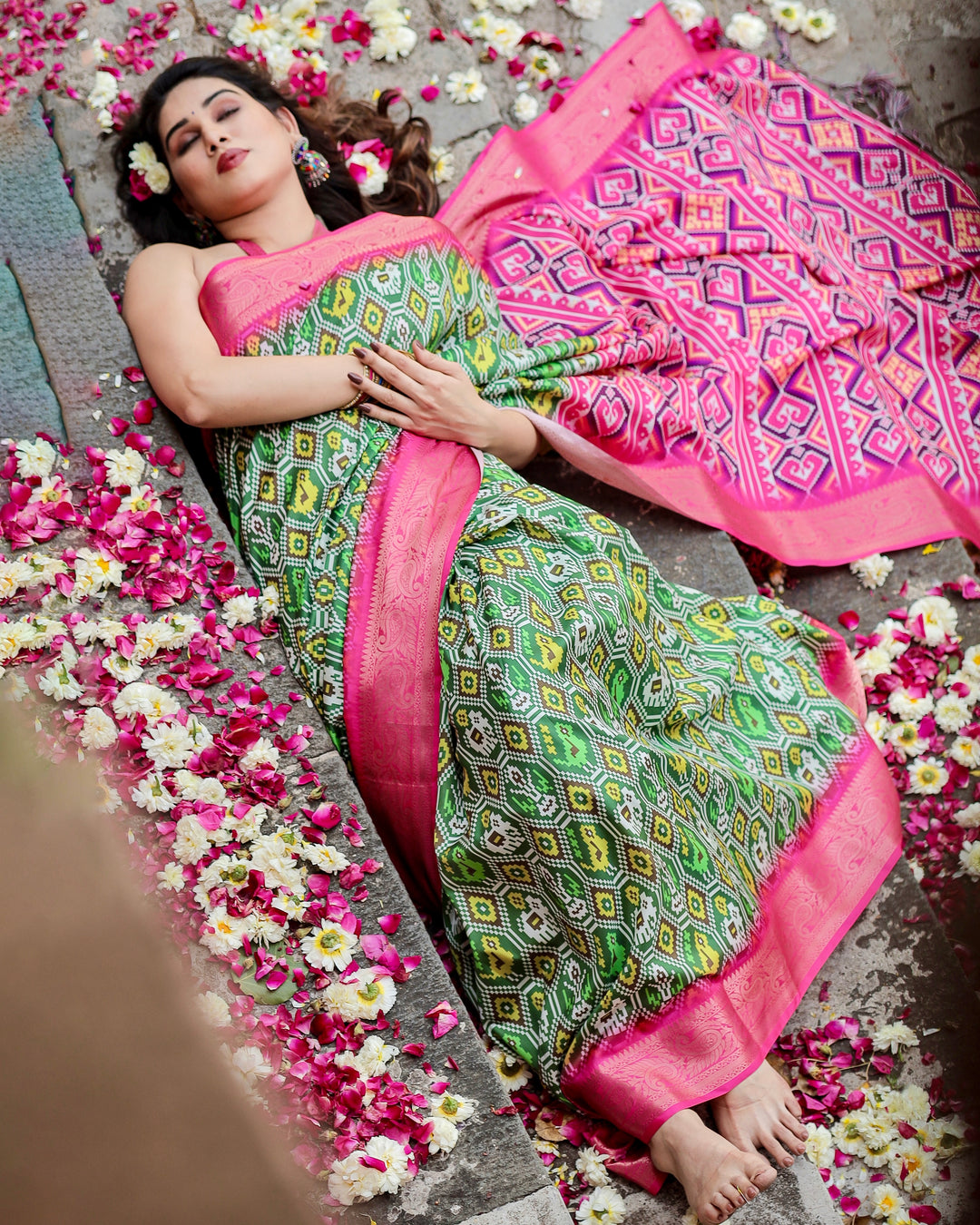 Green & Rani Pink Tussar Silk Saree with Patola-Inspired Print, Zari Border, Statement Pallu & Tassels