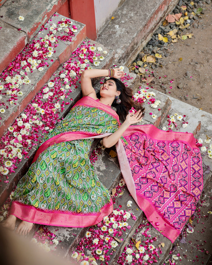 Green & Rani Pink Tussar Silk Saree with Patola-Inspired Print, Zari Border, Statement Pallu & Tassels