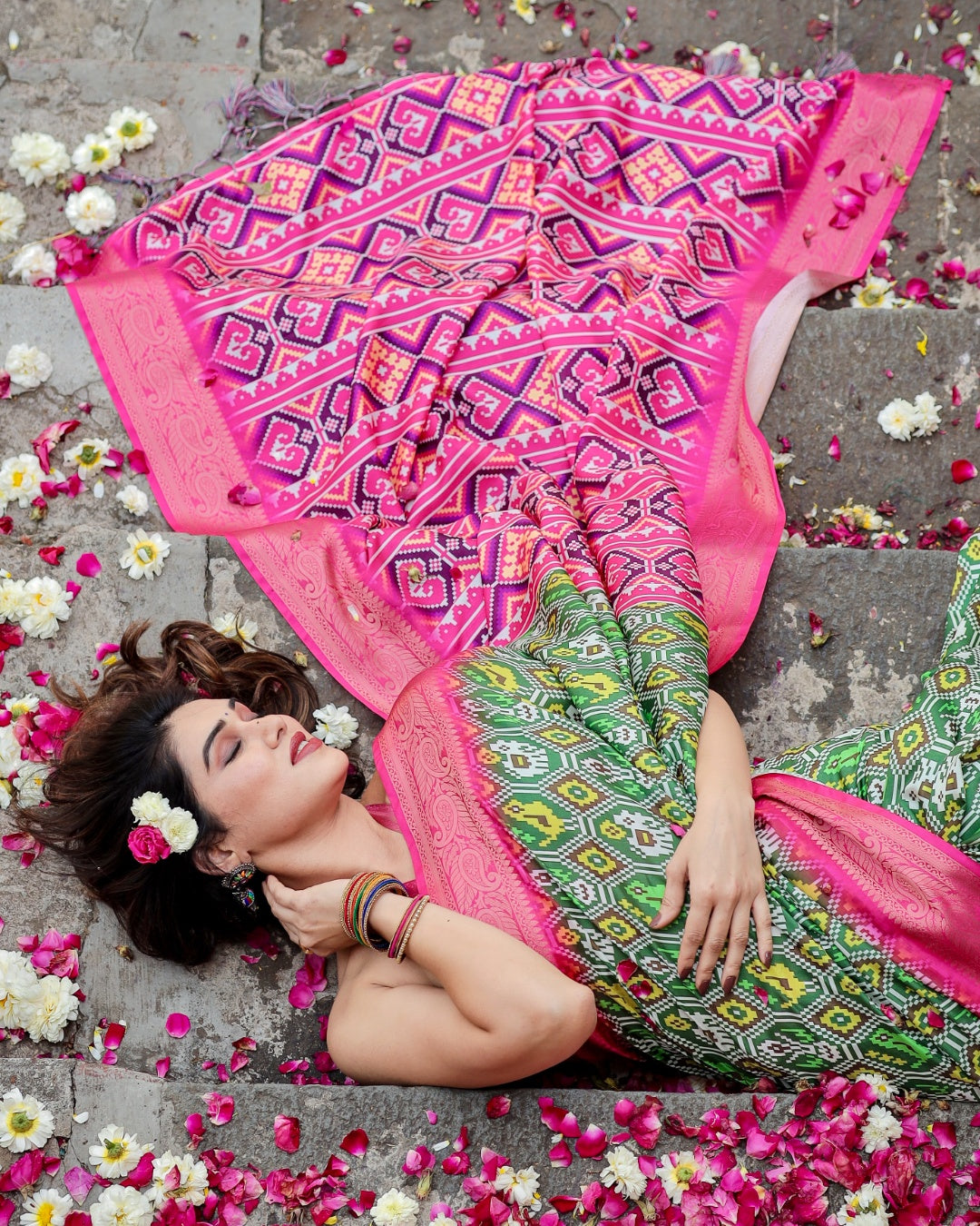 Green & Rani Pink Tussar Silk Saree with Patola-Inspired Print, Zari Border, Statement Pallu & Tassels