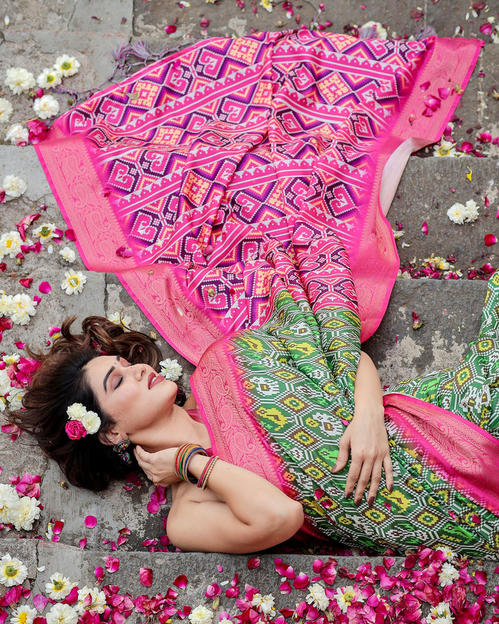 Green & Rani Pink Tussar Silk Saree with Patola-Inspired Print, Zari Border, Statement Pallu & Tassels