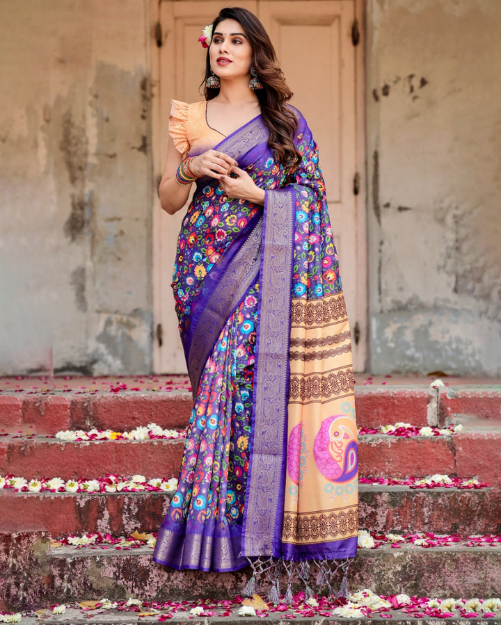 Royal Purple Tussar Silk Saree with Multicolour Floral Print, Zari Border, Statement Pallu & Tassels