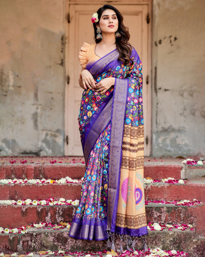 Royal Purple Tussar Silk Saree with Multicolour Floral Print, Zari Border, Statement Pallu & Tassels