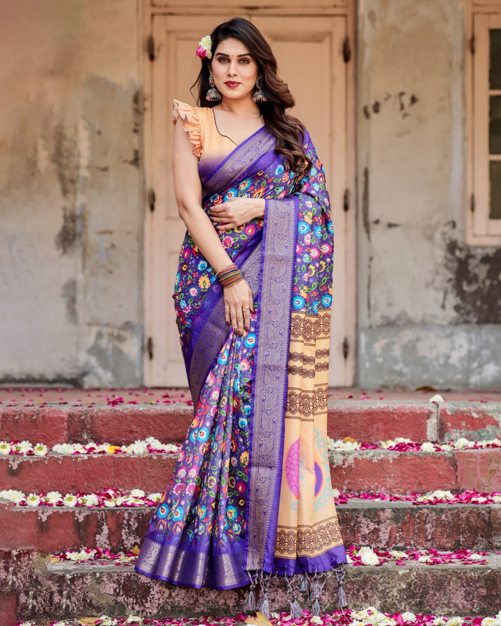 Royal Purple Tussar Silk Saree with Multicolour Floral Print, Zari Border, Statement Pallu & Tassels