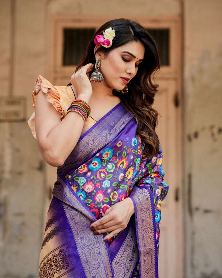 Royal Purple Tussar Silk Saree with Multicolour Floral Print, Zari Border, Statement Pallu & Tassels