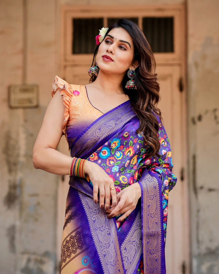 Royal Purple Tussar Silk Saree with Multicolour Floral Print, Zari Border, Statement Pallu & Tassels