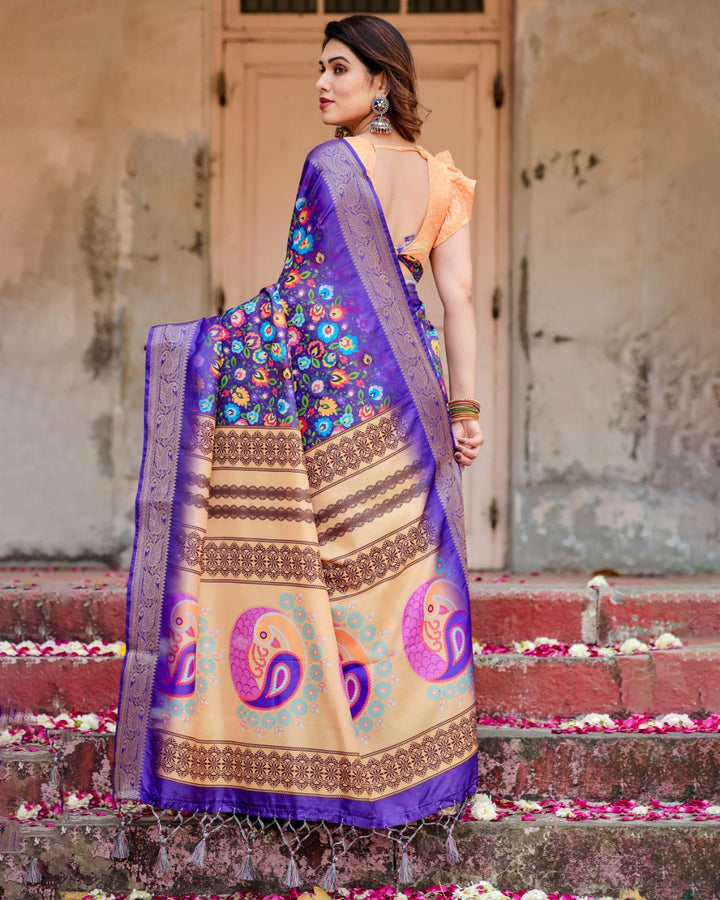 Royal Purple Tussar Silk Saree with Multicolour Floral Print, Zari Border, Statement Pallu & Tassels