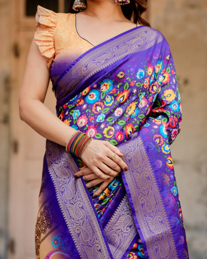 Royal Purple Tussar Silk Saree with Multicolour Floral Print, Zari Border, Statement Pallu & Tassels