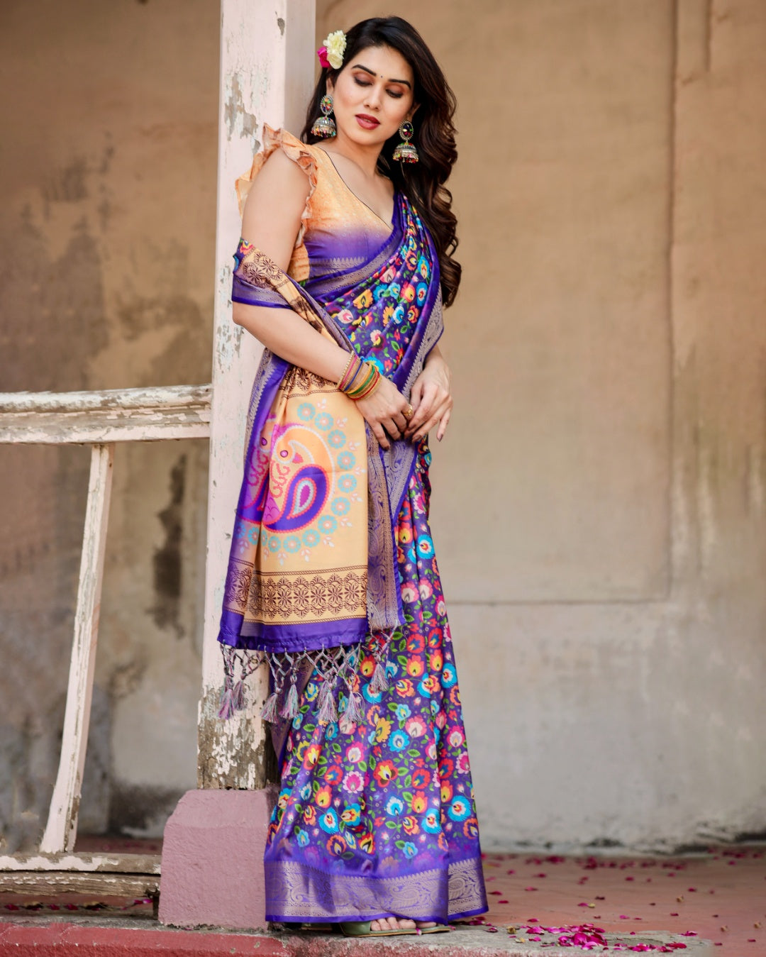 Royal Purple Tussar Silk Saree with Multicolour Floral Print, Zari Border, Statement Pallu & Tassels